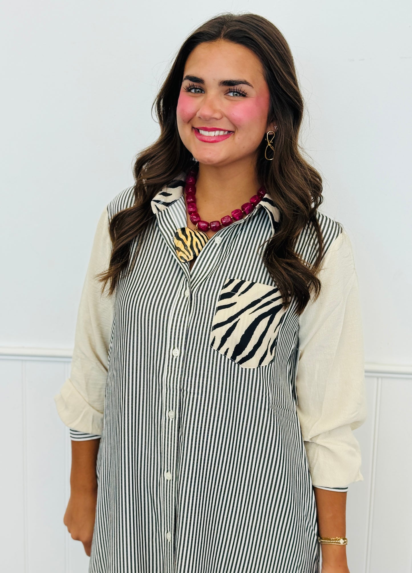 Taupe/Ivory Contrast Zebra Print Shirt Dress (Reg & Plus)