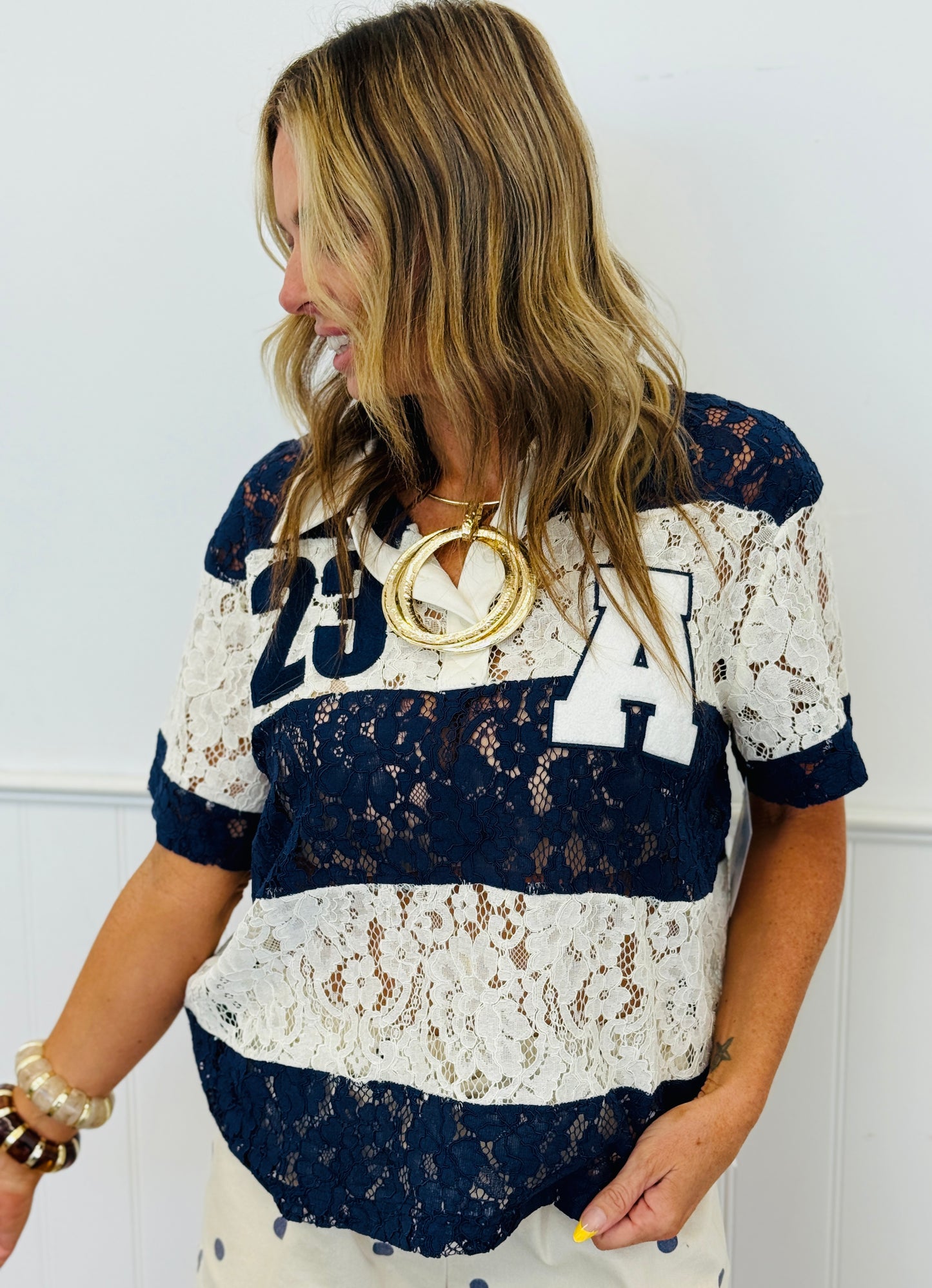 Navy/Off White Lace Stripe Polo Top (Reg.)