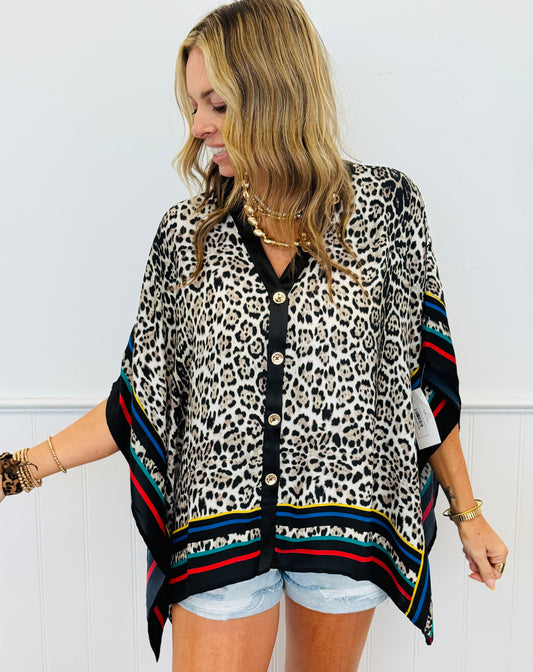 Leopard Contrast Trim Cape Top (One Size)