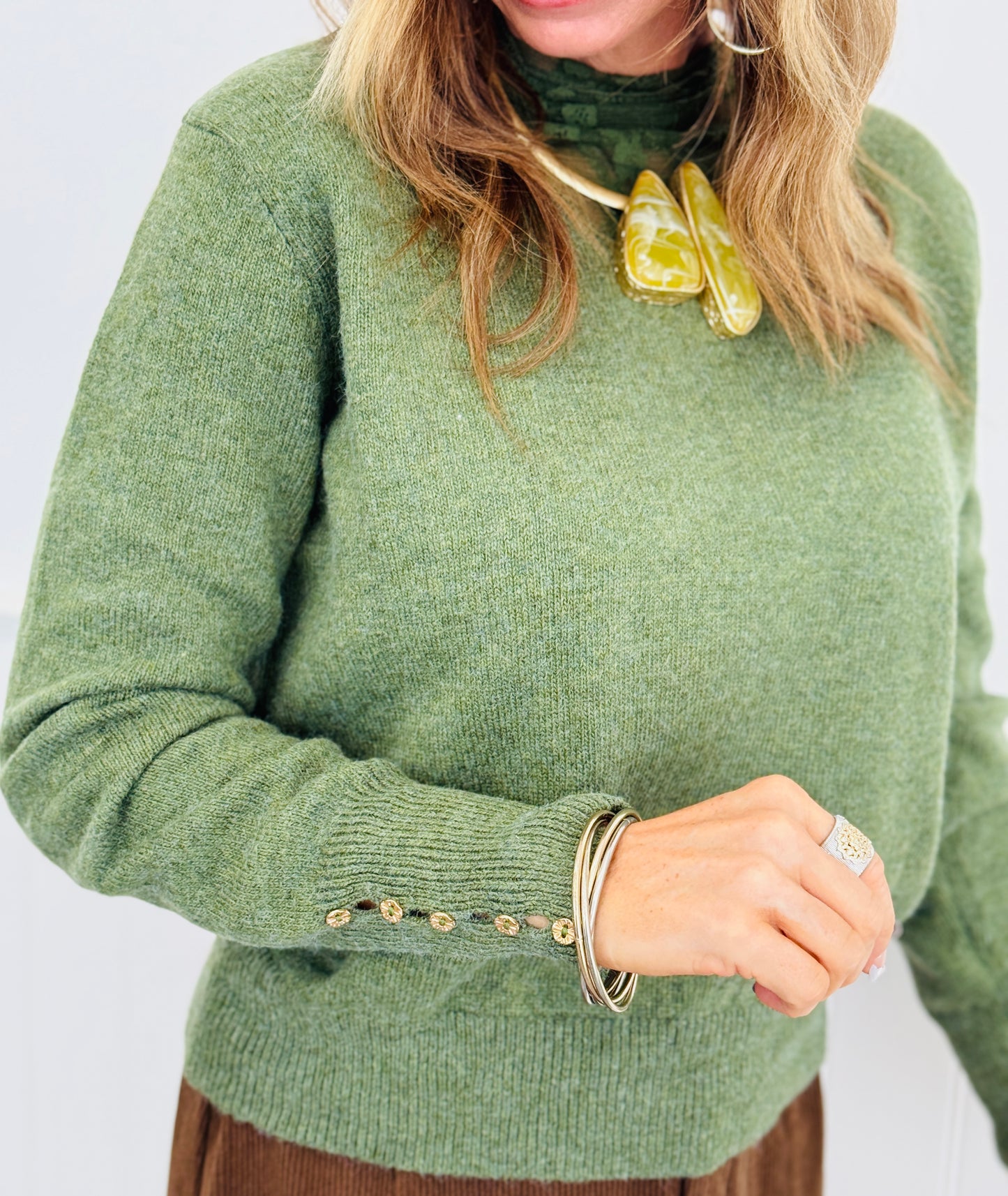 Green Floral Lace High Neck Sweater Top (Reg & Plus)