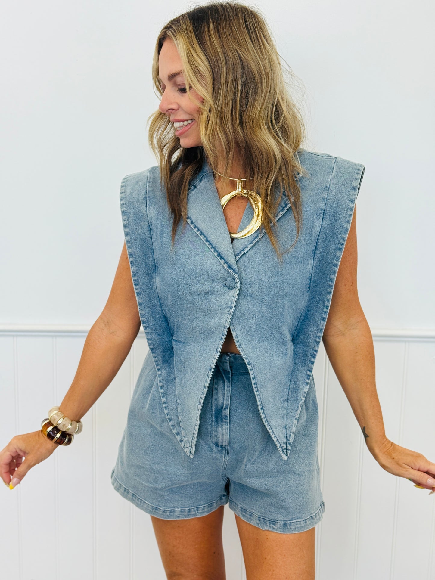 Vintage Washed Denim Twofer Romper (Reg.)