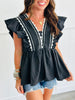 Black Ruffle Sleeve Scalloped Trim Top (Reg.)