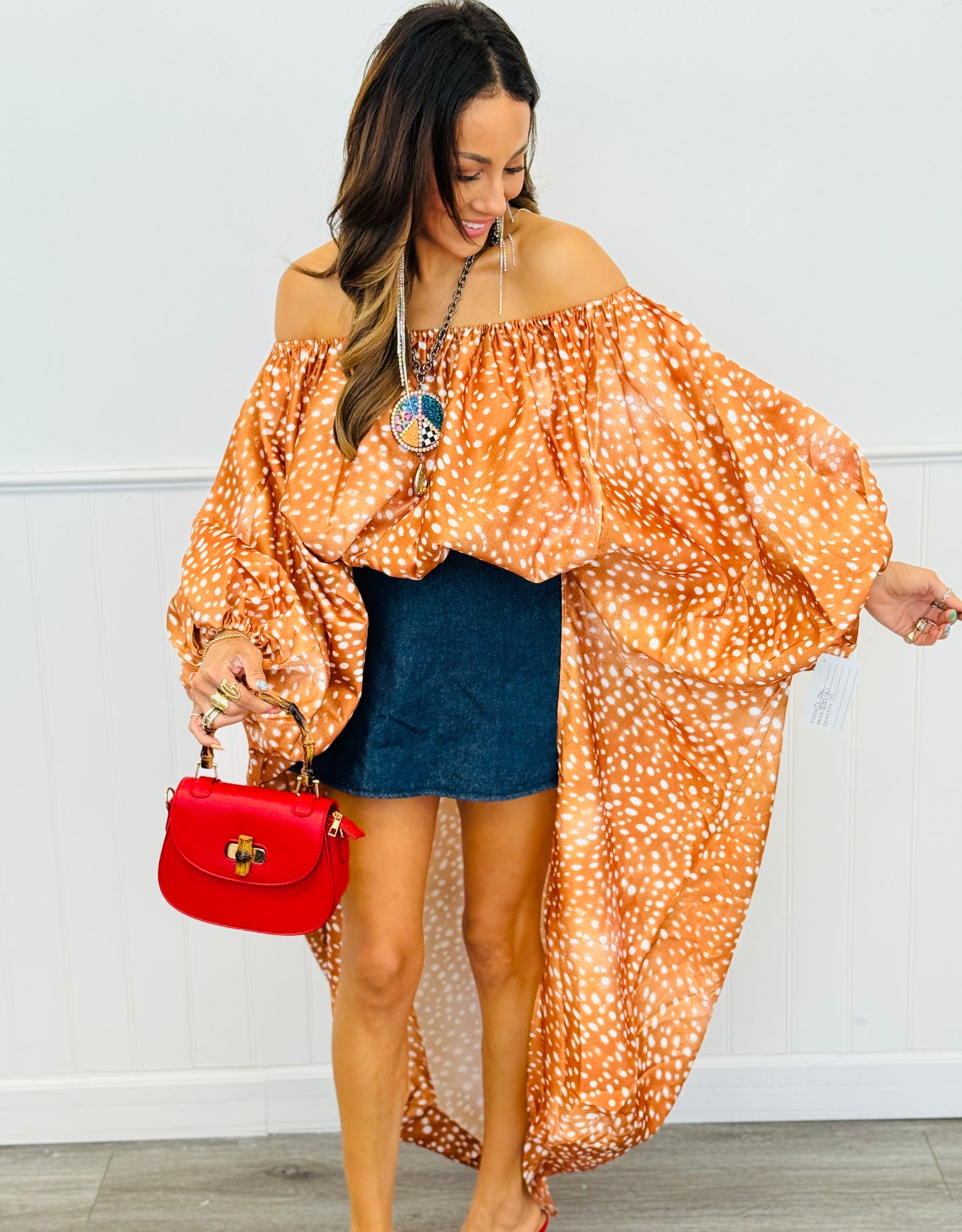 Deer Print High Low Bubble Sleeve Top (Reg. and Plus)