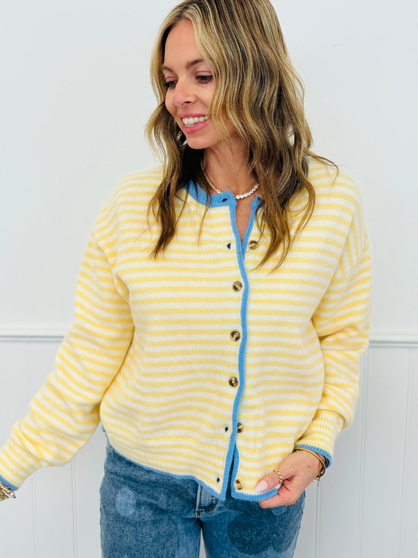 Daisy Blue Contrast Stripe Sweater Cardigan (Reg.)