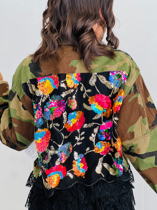 Camo Print Contrast Sequin Jacket (Reg. and Plus)