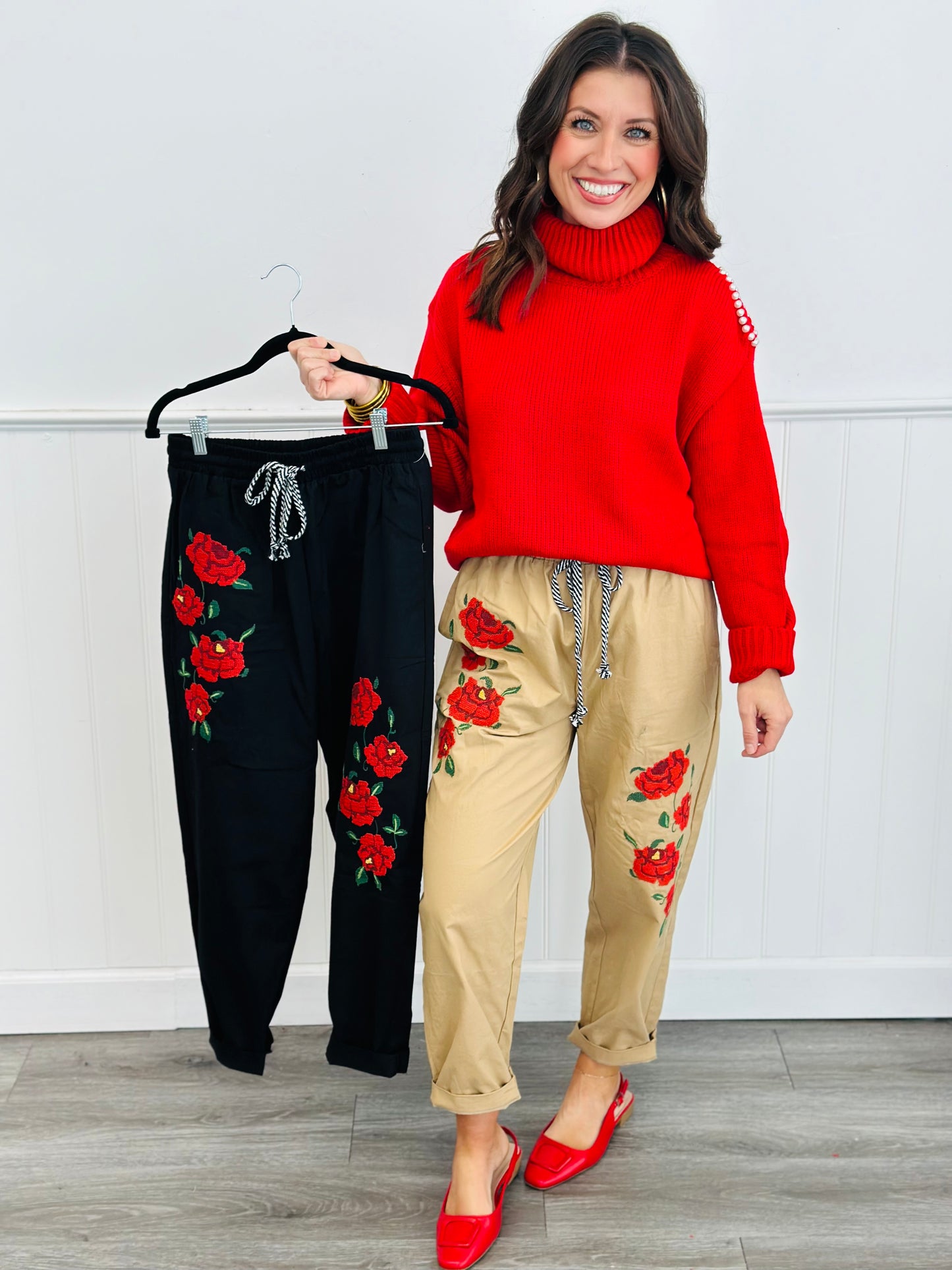 Embroidered Roses Jogger Pants (Reg & Plus)-2 Colors