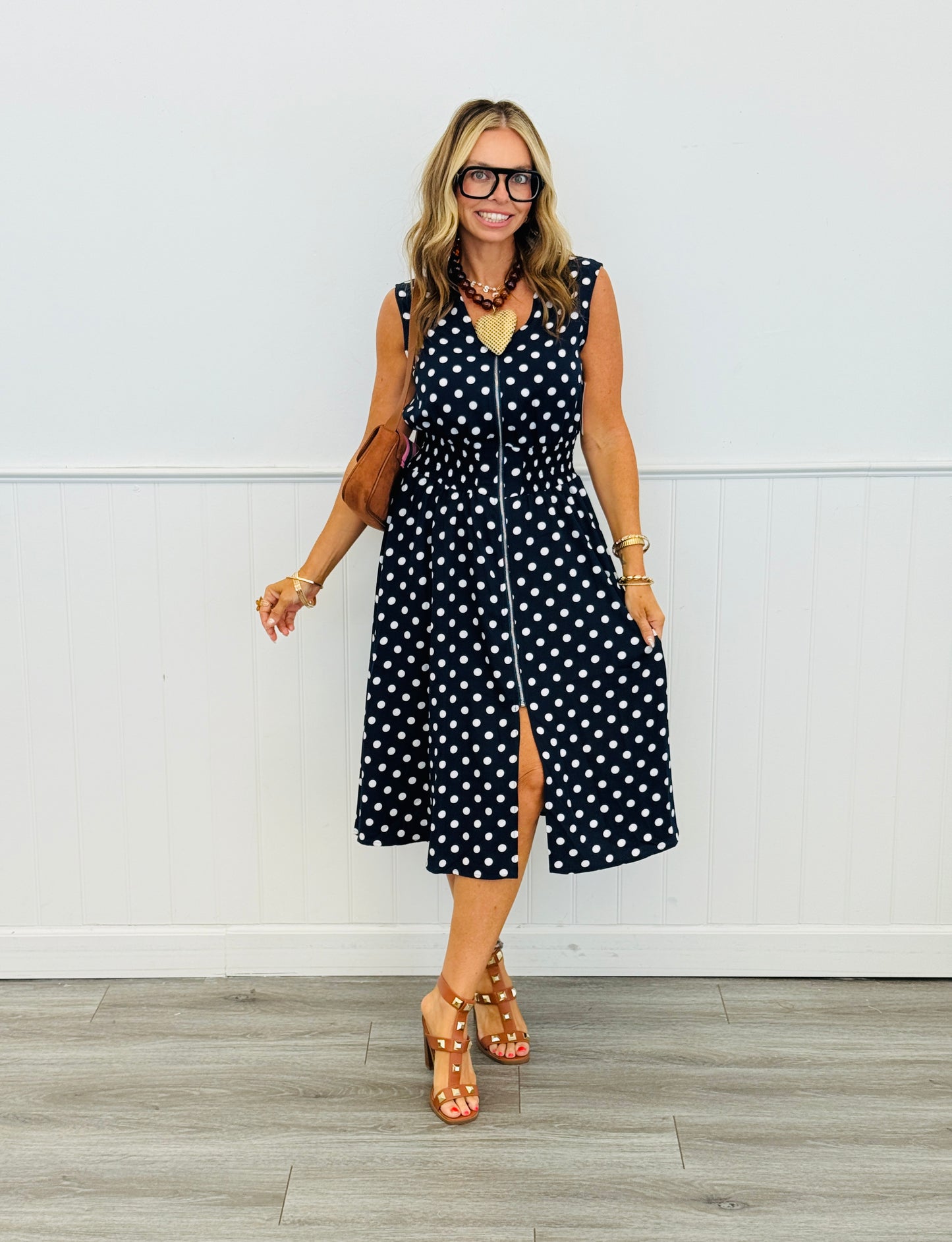 Navy Polka Dot Midi Dress (Reg. and Plus)