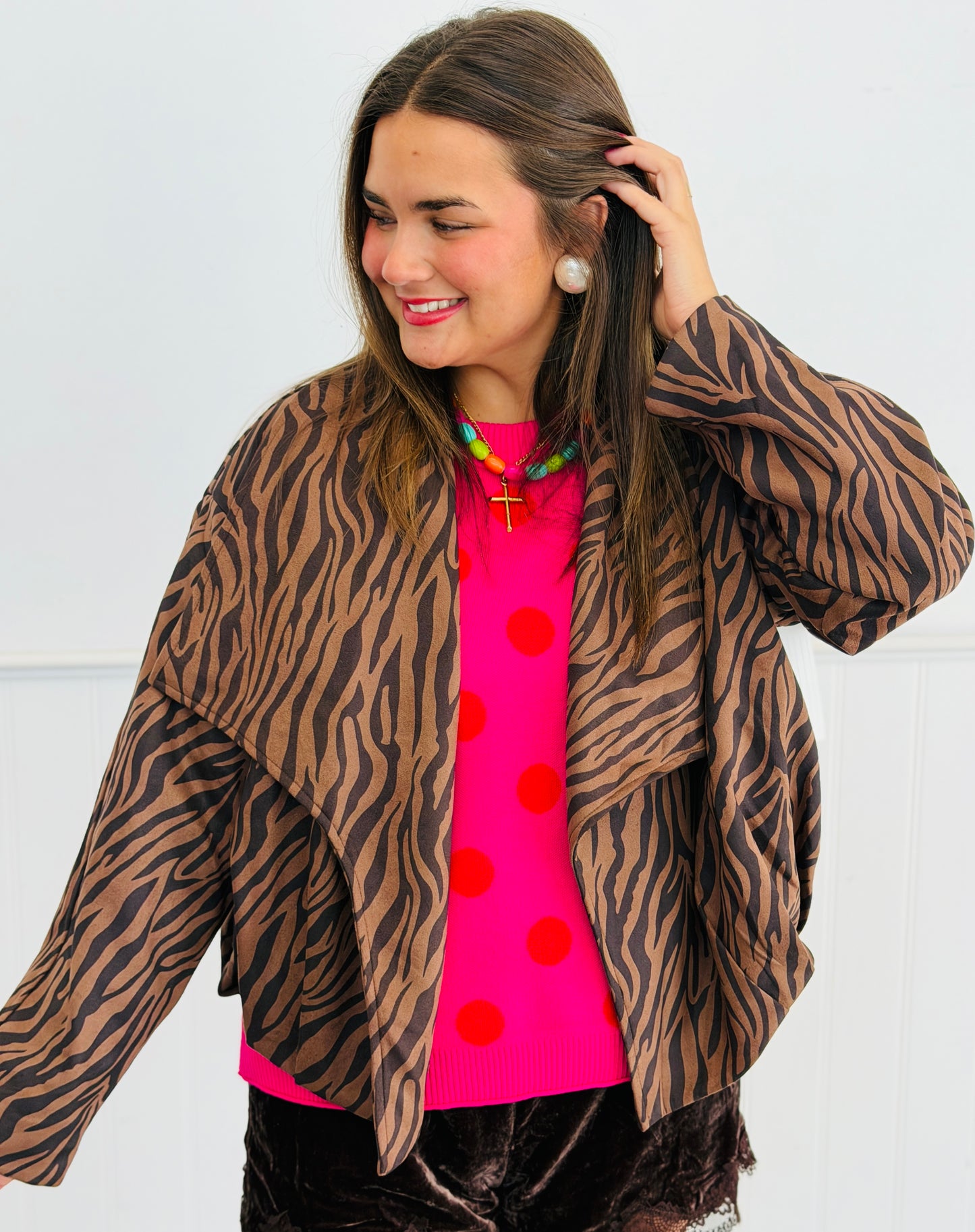 Brown Zebra Print Open Front Jacket (Reg.)