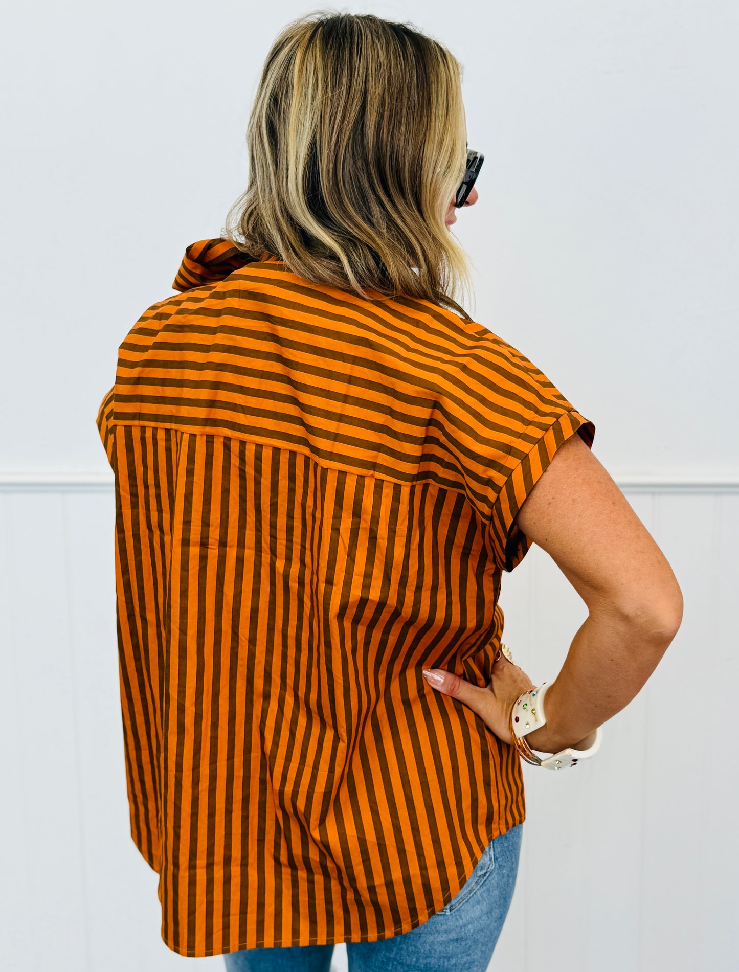 Brown Stripe Tie Bow Neck Blouse (Reg.)