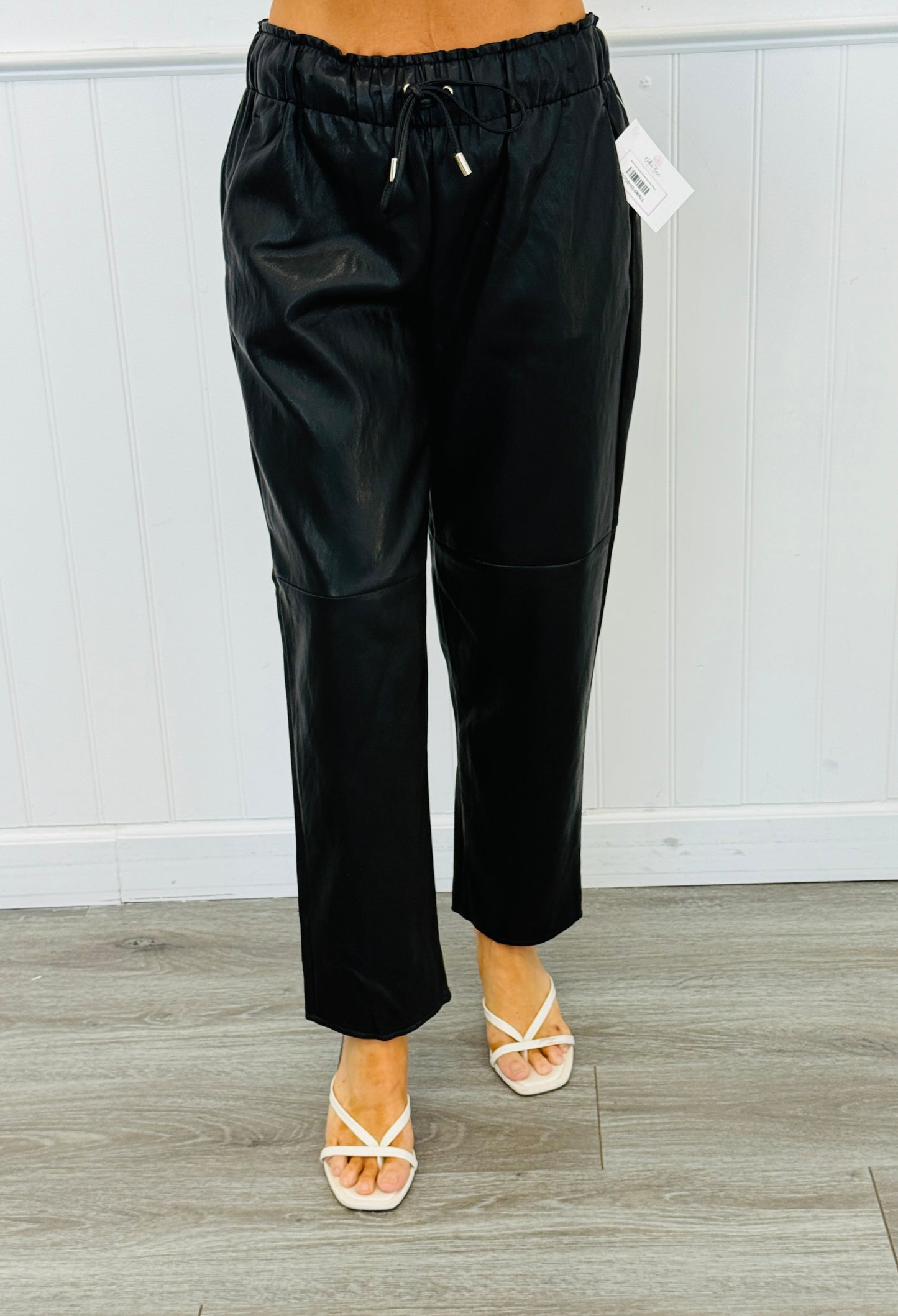 Black Faux Leather Drawstring Pants (Reg.)