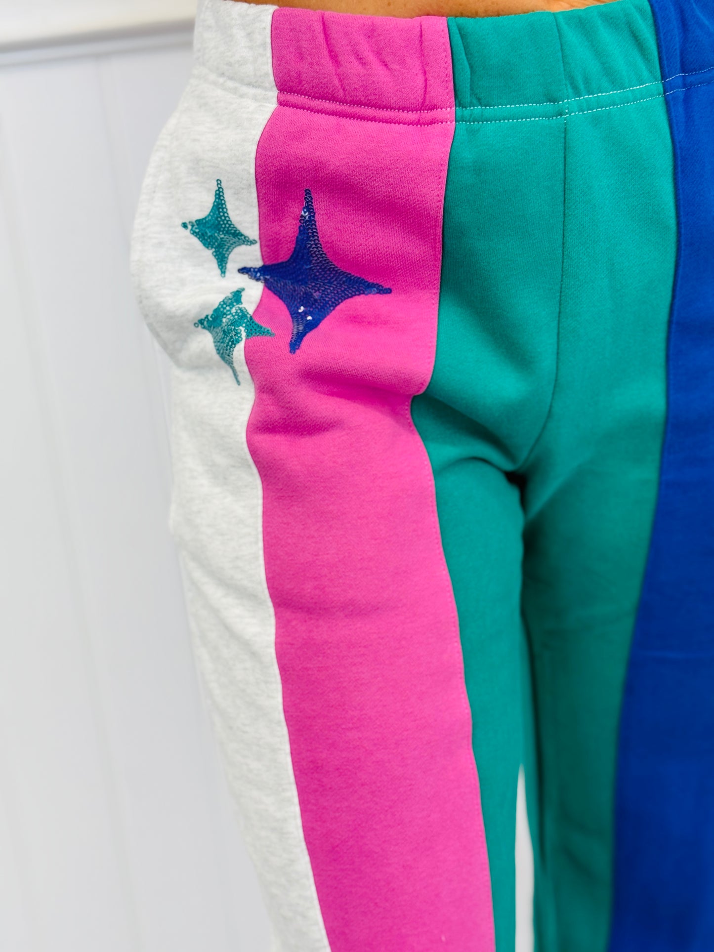 Queen Of Sparkles Multi Colorblock Stripe Sparkle Sweat Pants (Reg. and Plus)