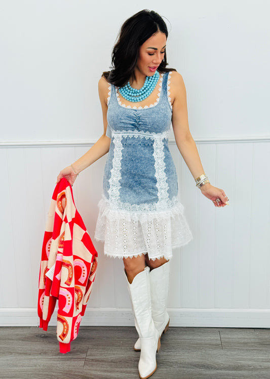 Light Wash Denim & Lace Mini Dress (Reg)