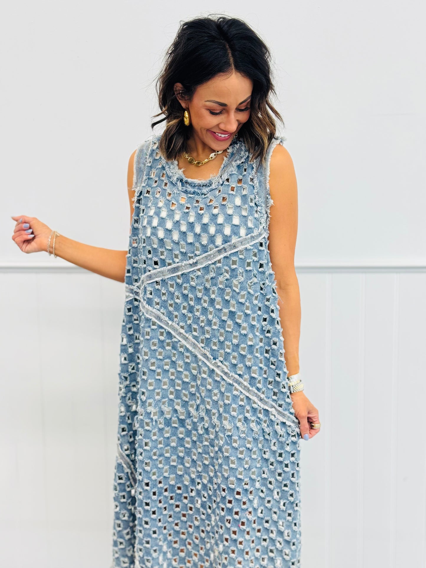 POL Deep Denim Laser Cut Midi Dress (Reg)