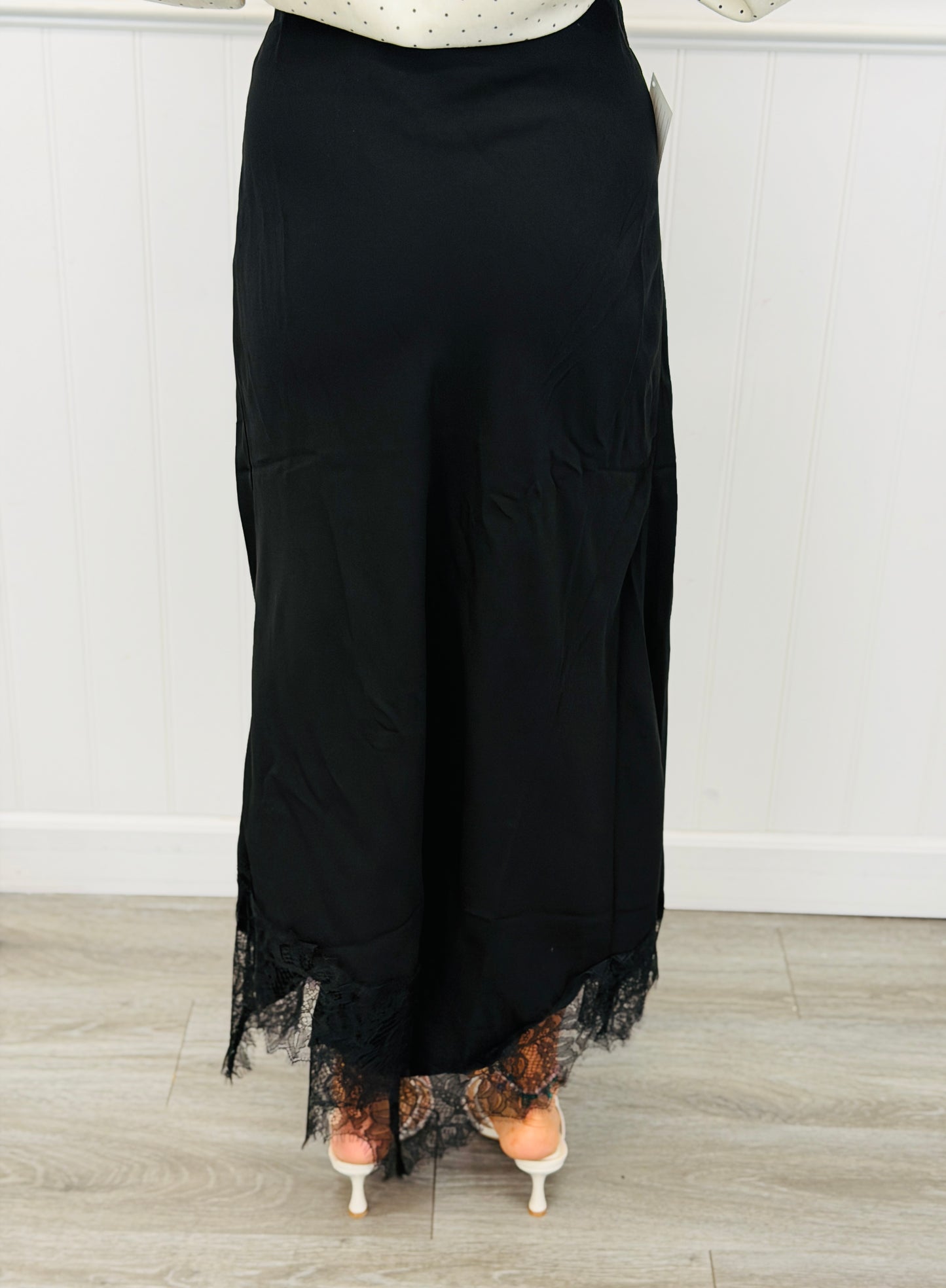 Black Lace Trim Asymmetrical Hem Midi Skirt (Reg. and Plus)