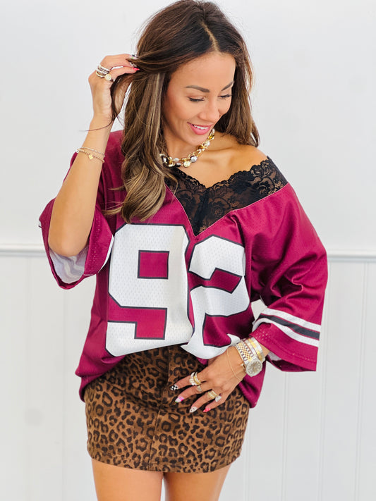 Burgundy Oversized 92 Lace Trim Jersey Top (Reg.)