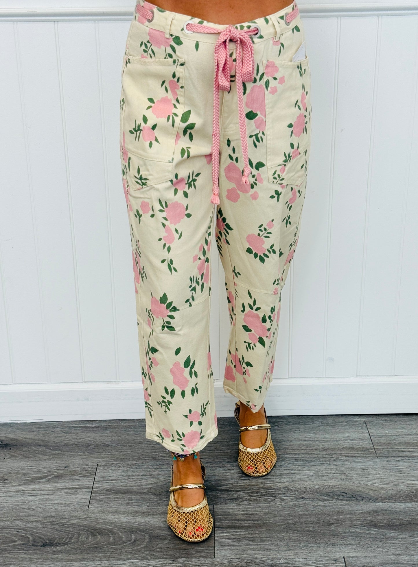 Beige Pink Floral Print Barrel Jeans (Reg & Plus)
