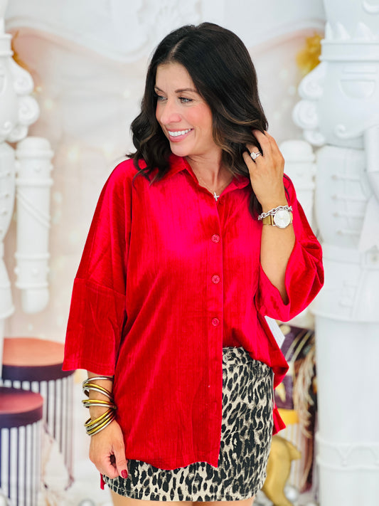 Red Prim Button Up Velvet Top (Reg. and Plus)
