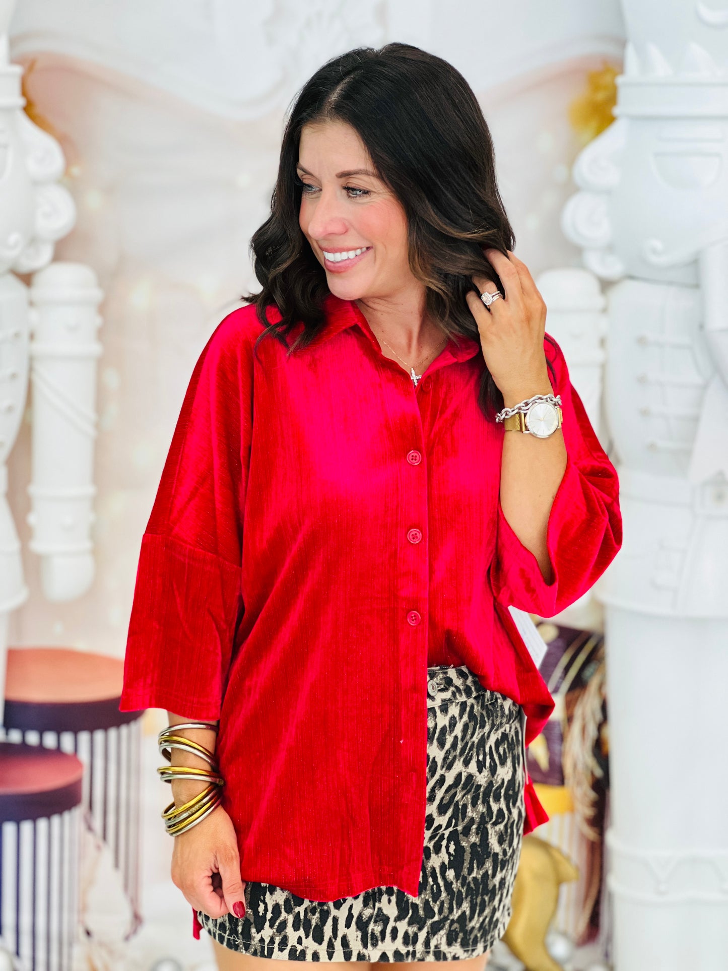 Red Prim Button Up Velvet Top (Reg. and Plus)