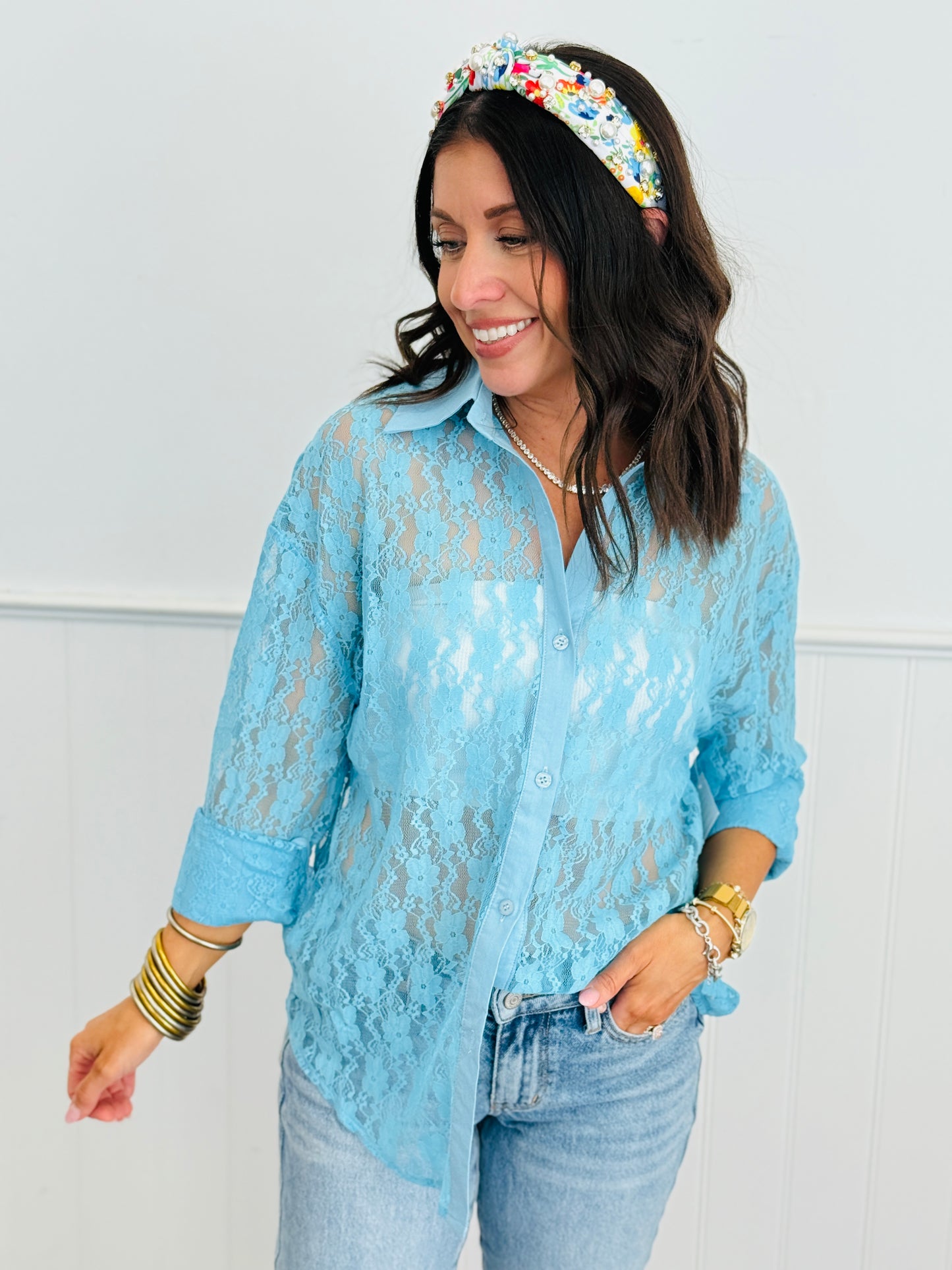 Blue  Lace Kathryn Button-Up Blouse (Reg. and Plus)