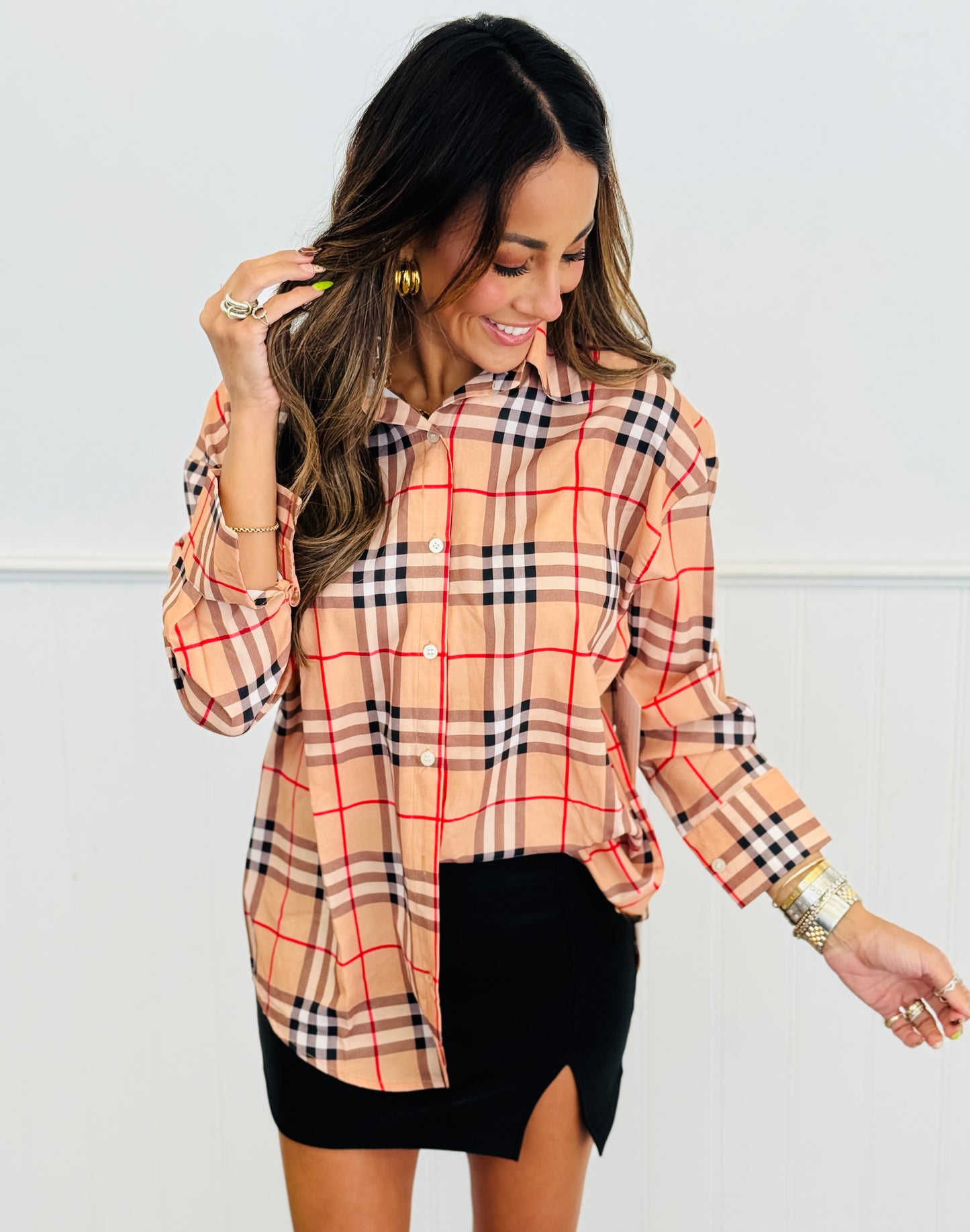 WR Brown Plaid Kathryn Button Up Top (Reg. & Plus)