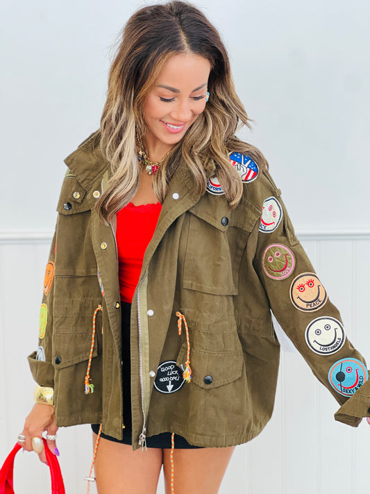 Olive Keep Smiling Multi Patch Jacket (Reg & Plus)