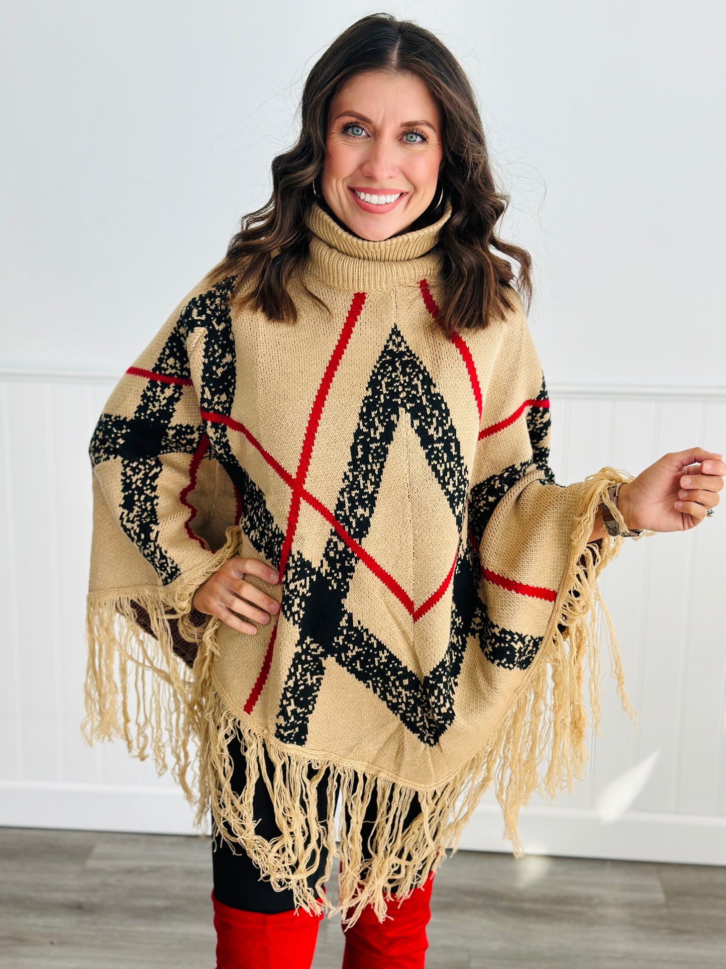 Plaid Fringe Turtleneck Poncho (Reg.)- 2 Colors