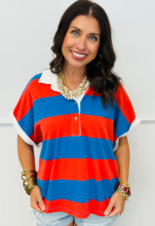 Blue/Orange Striped Rugby Polo Top (Reg & Plus)
