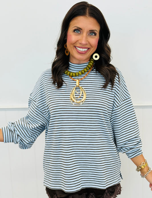 Lt Blue/Brown Striped Mock Neck Top (Reg.)