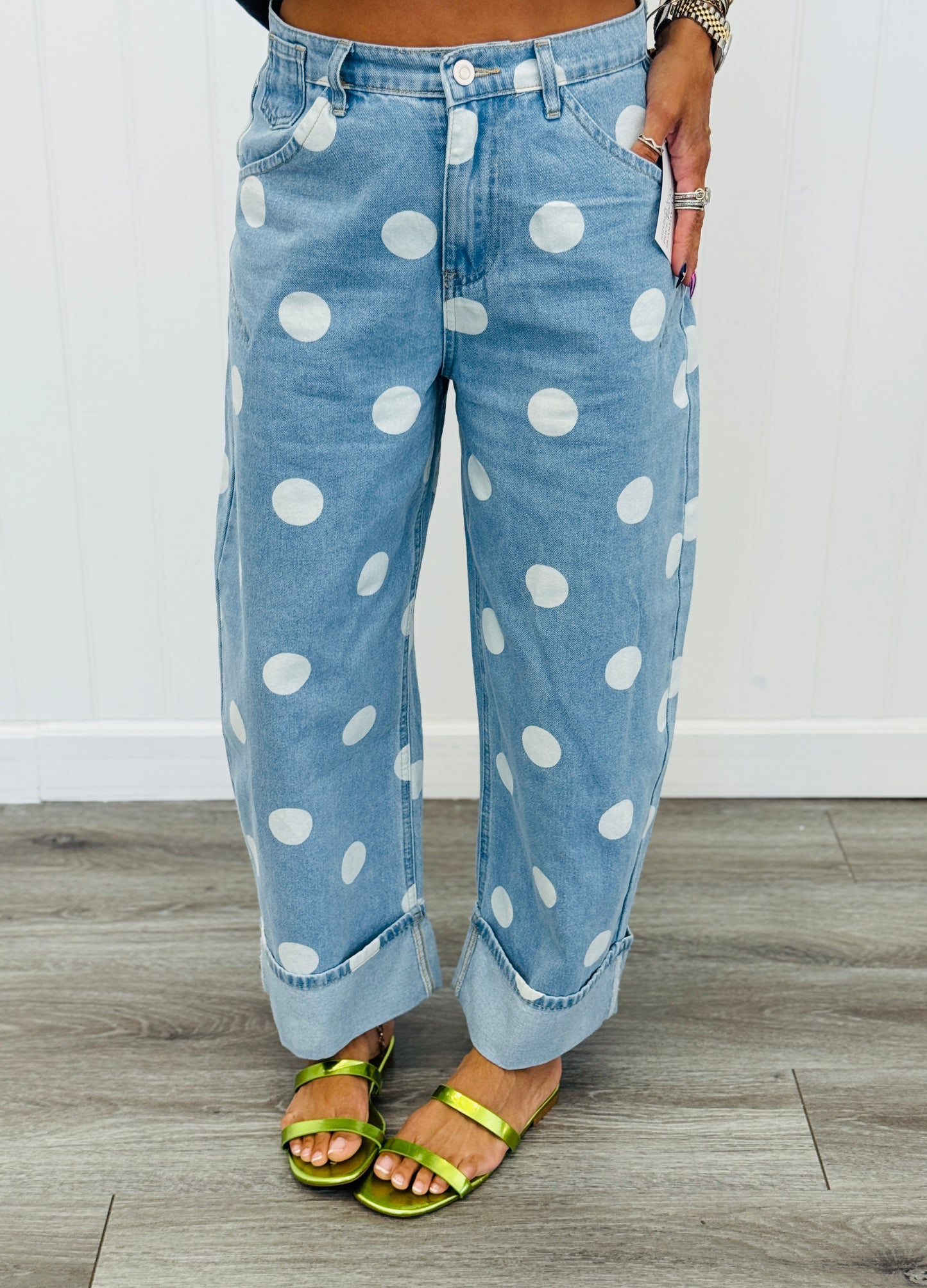 Lt. Denim Polka Dot Cuffed Hem Barrel Pants (Reg.)