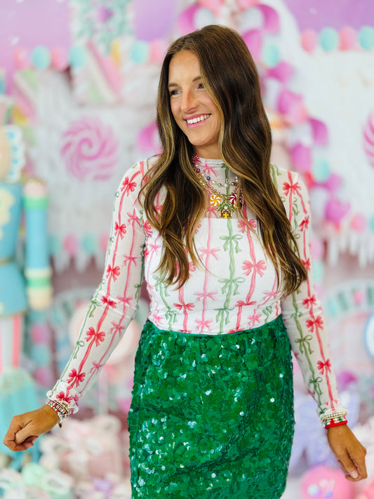 Ribbon Bow Print Long Sleeve Mesh Top (Reg. and Plus)