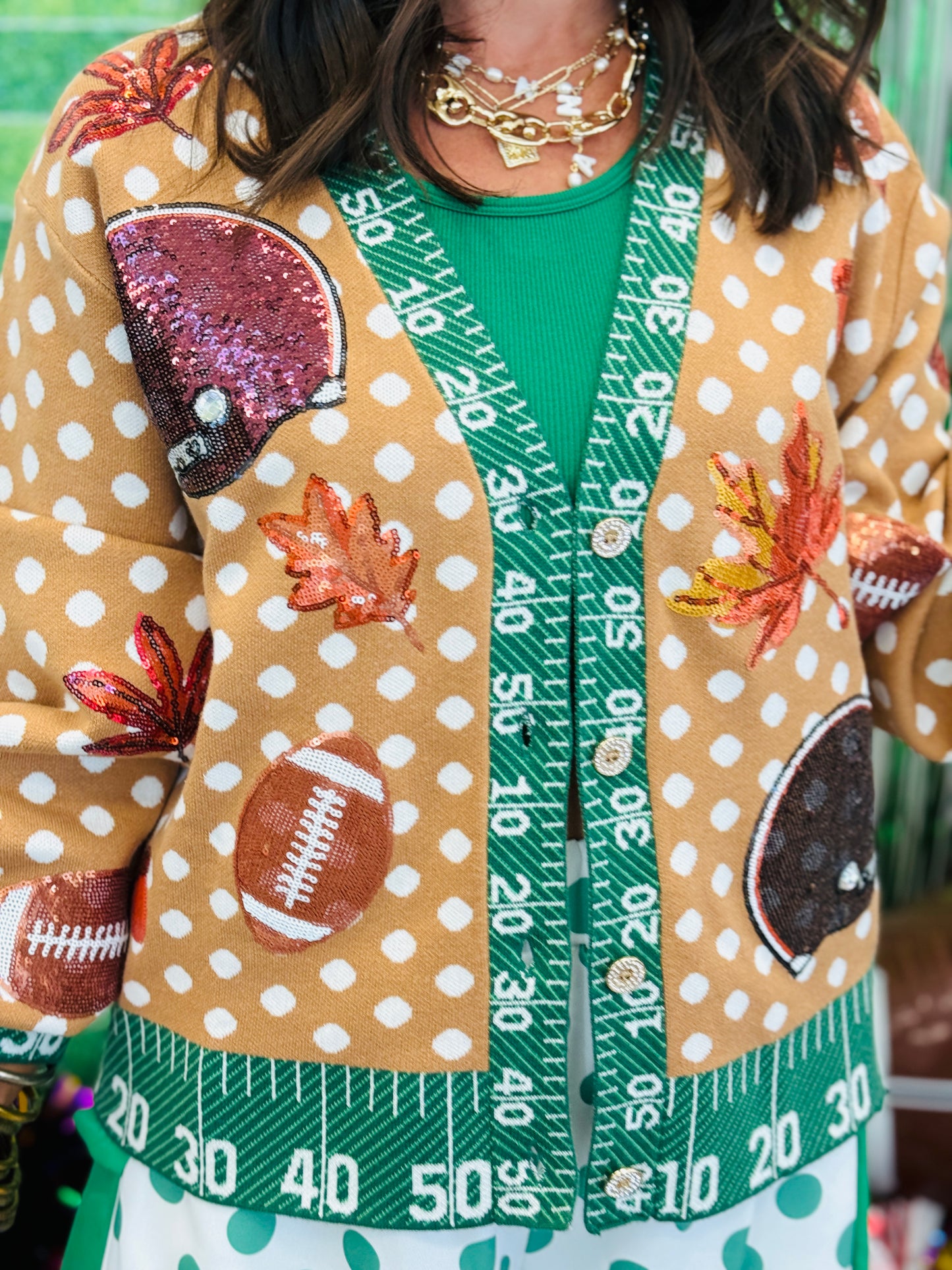 Queen Of Sparkles Polka Dot Fall Football Button Up Cardigan (Reg. and Plus)
