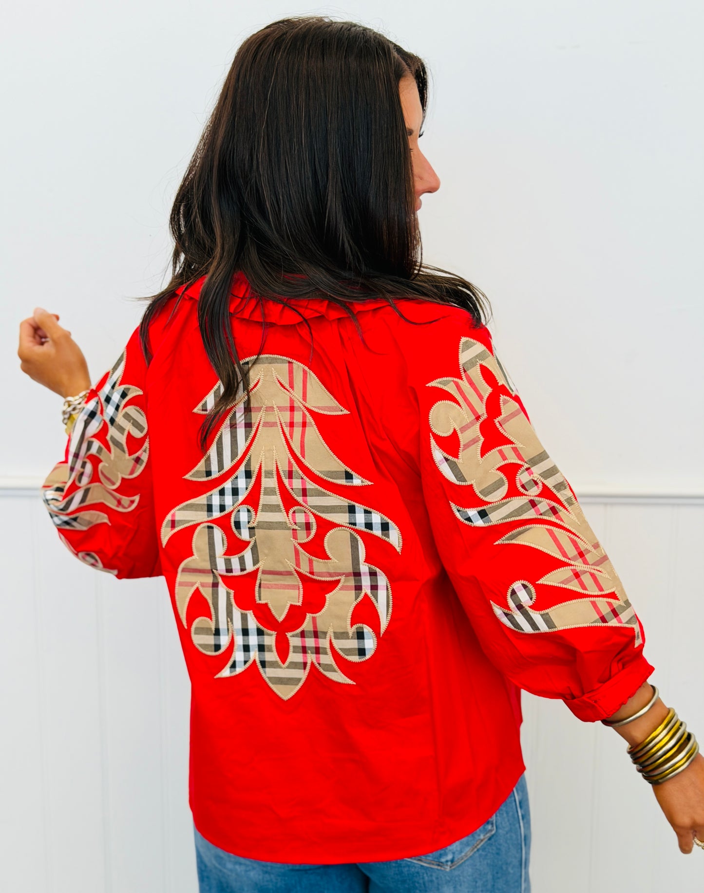 Red Plaid Baroque Applique Blouse (Reg.)