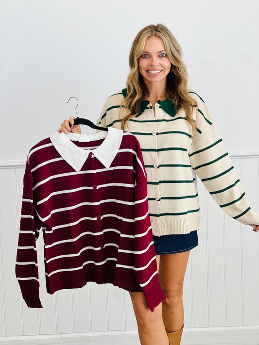 Contrast Collar Striped Sweater Cardigan (Reg.)-2 Colors