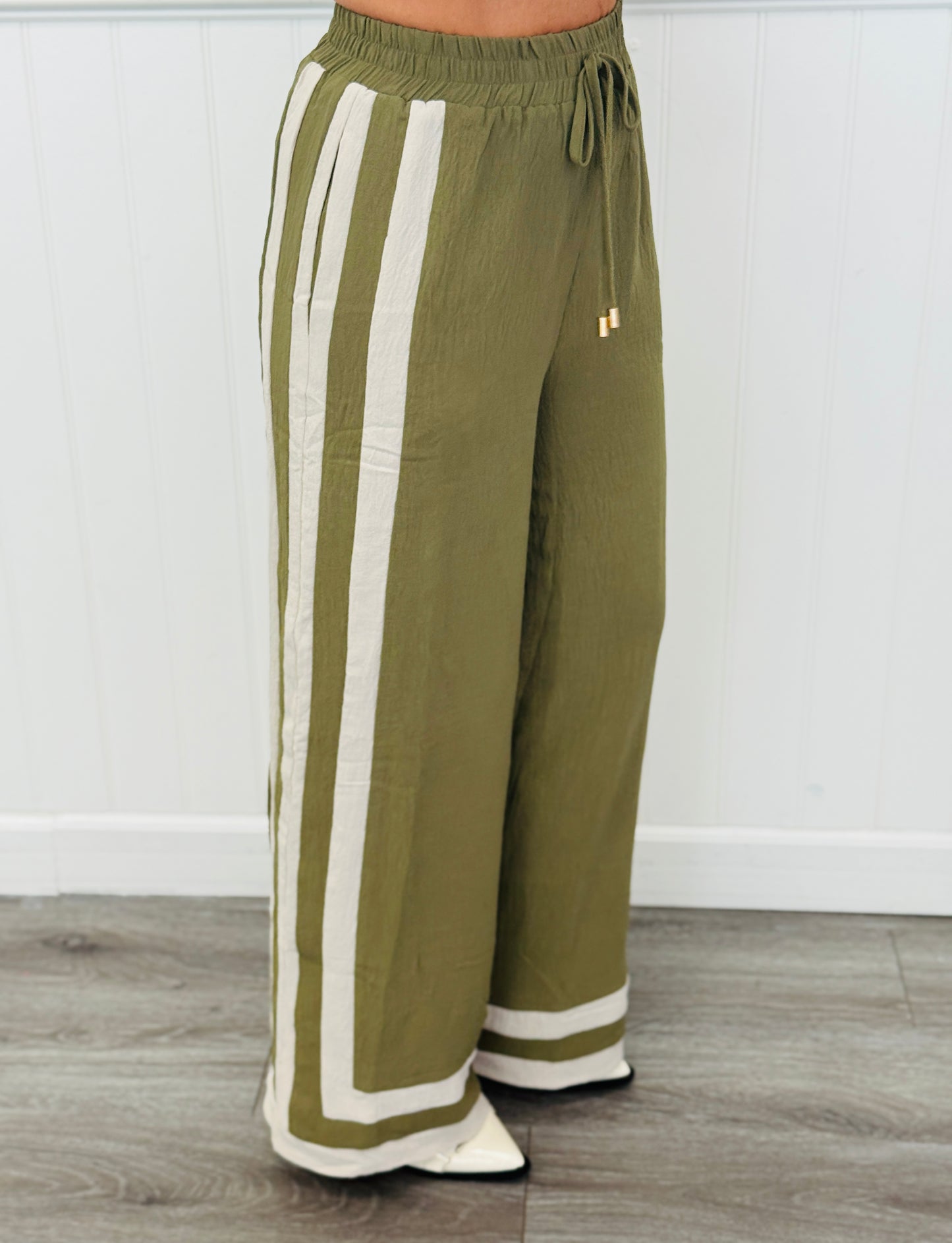 Olive Contrast Stripe Shirt & Pants Set (Reg & Plus)