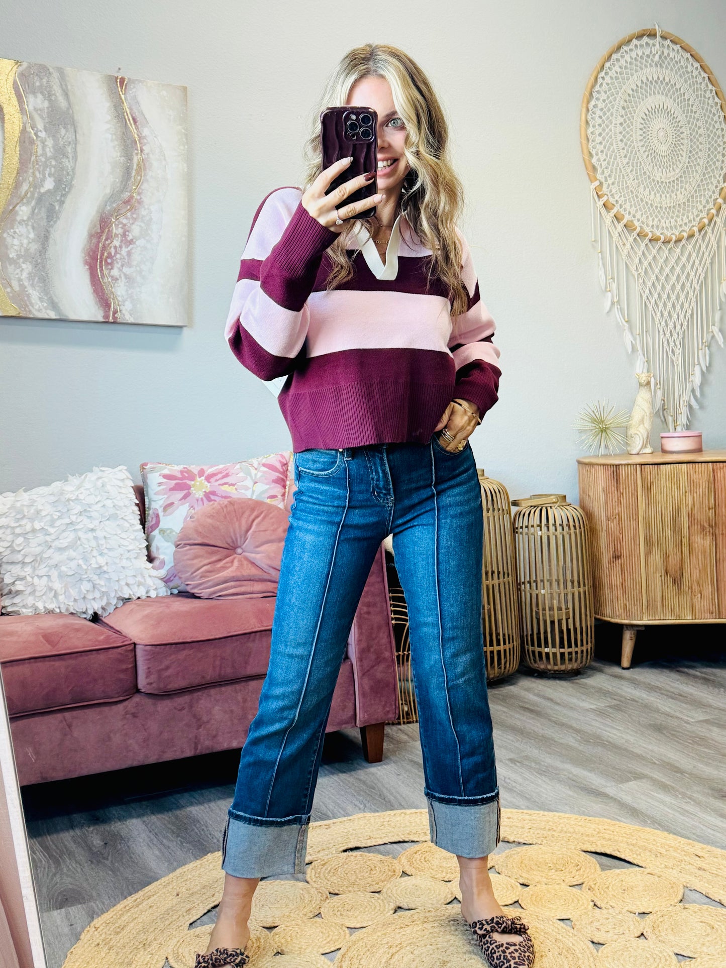 Burgundy/Pink Striped Polo Sweater Top (Reg.)