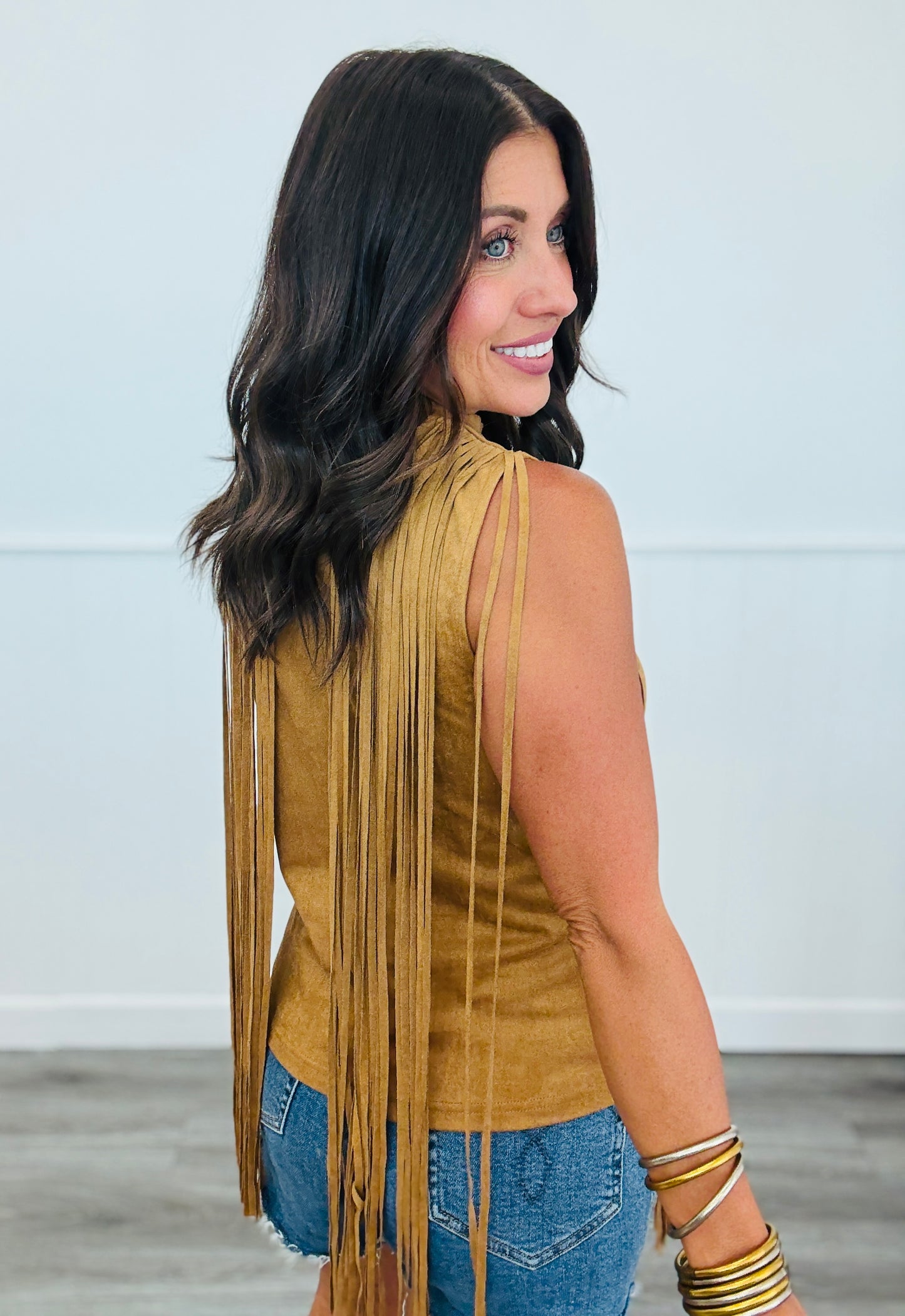 Fringe Suede Mock Neck Top (Reg.)-2 Colors