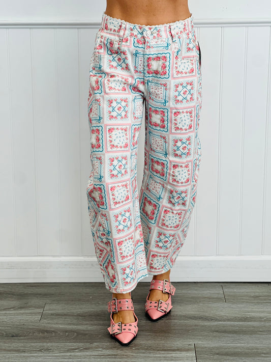 Pink/Blue Floral Scarf Print Patchwork Barrel Pants (Reg.)