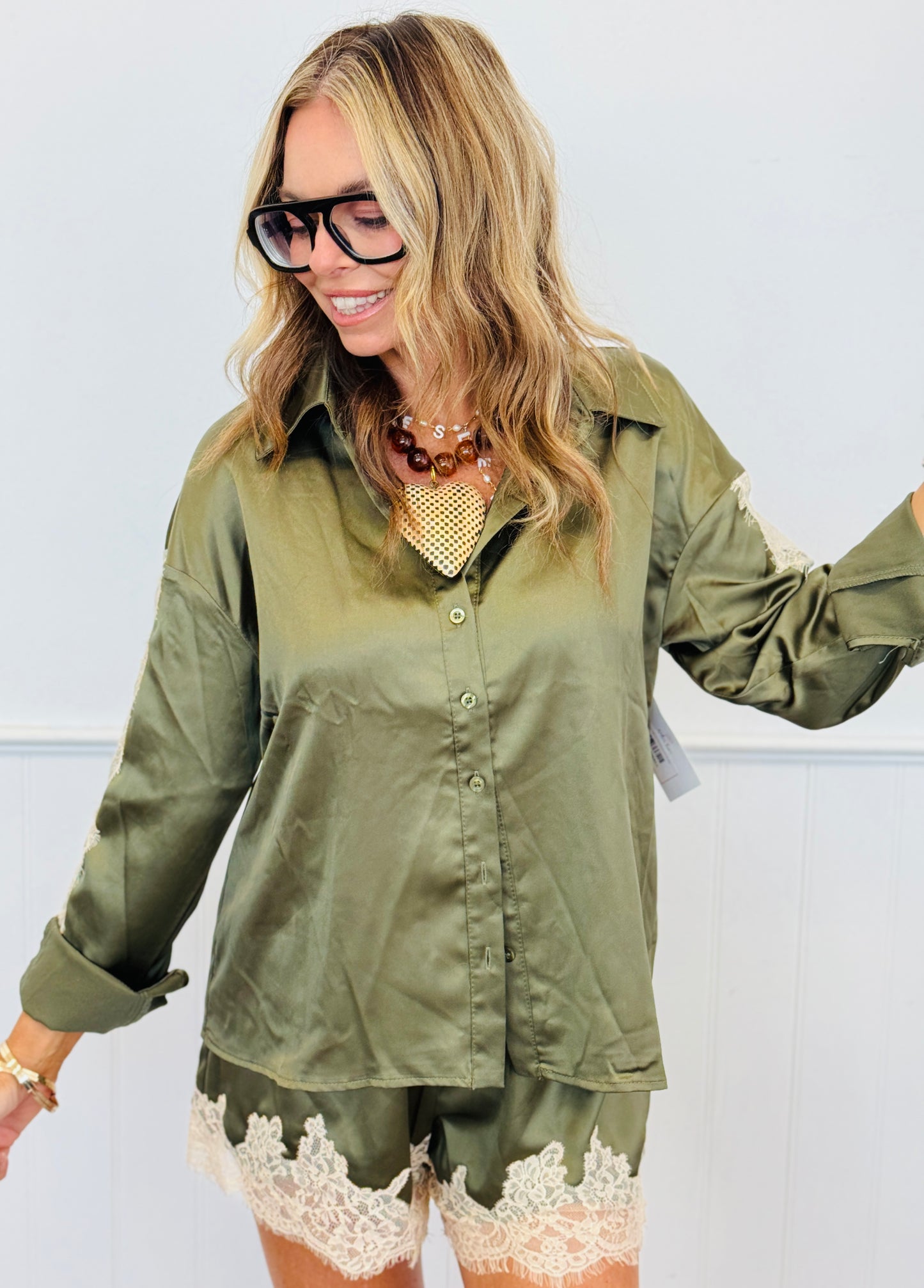 Olive Scallop Edge Lace Trim Shirt & Shorts Set (Reg.)