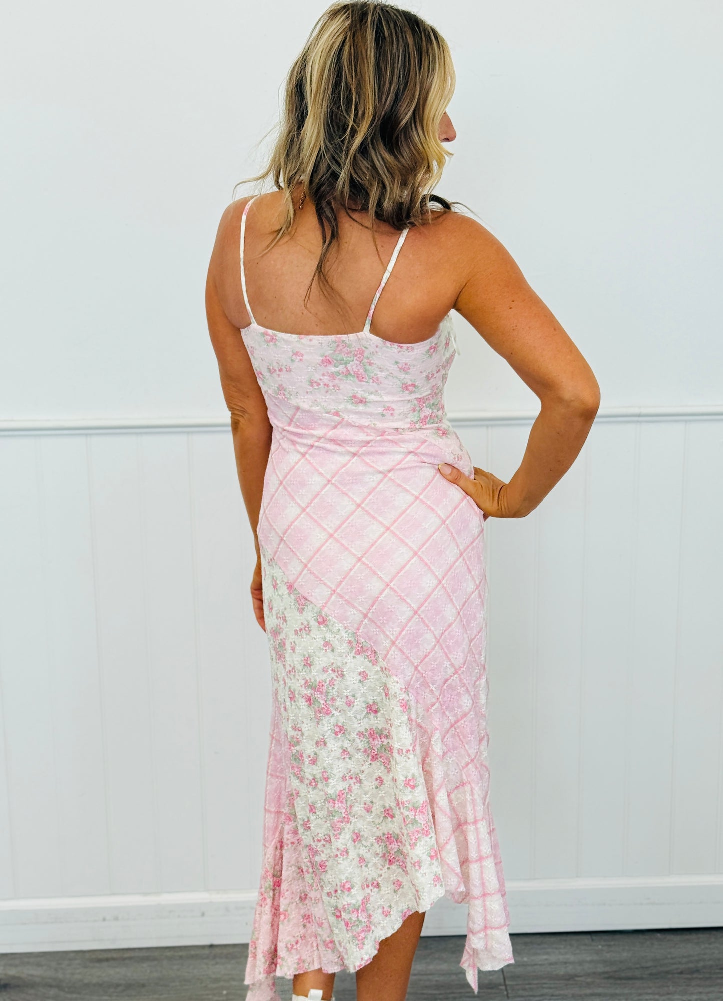 Pink/Ivory Bias Plaid & Floral Midi Dress (Reg.)
