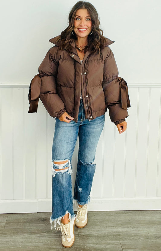 Chocolate Elbow Bow Knot Puffer Jacket (Reg.)