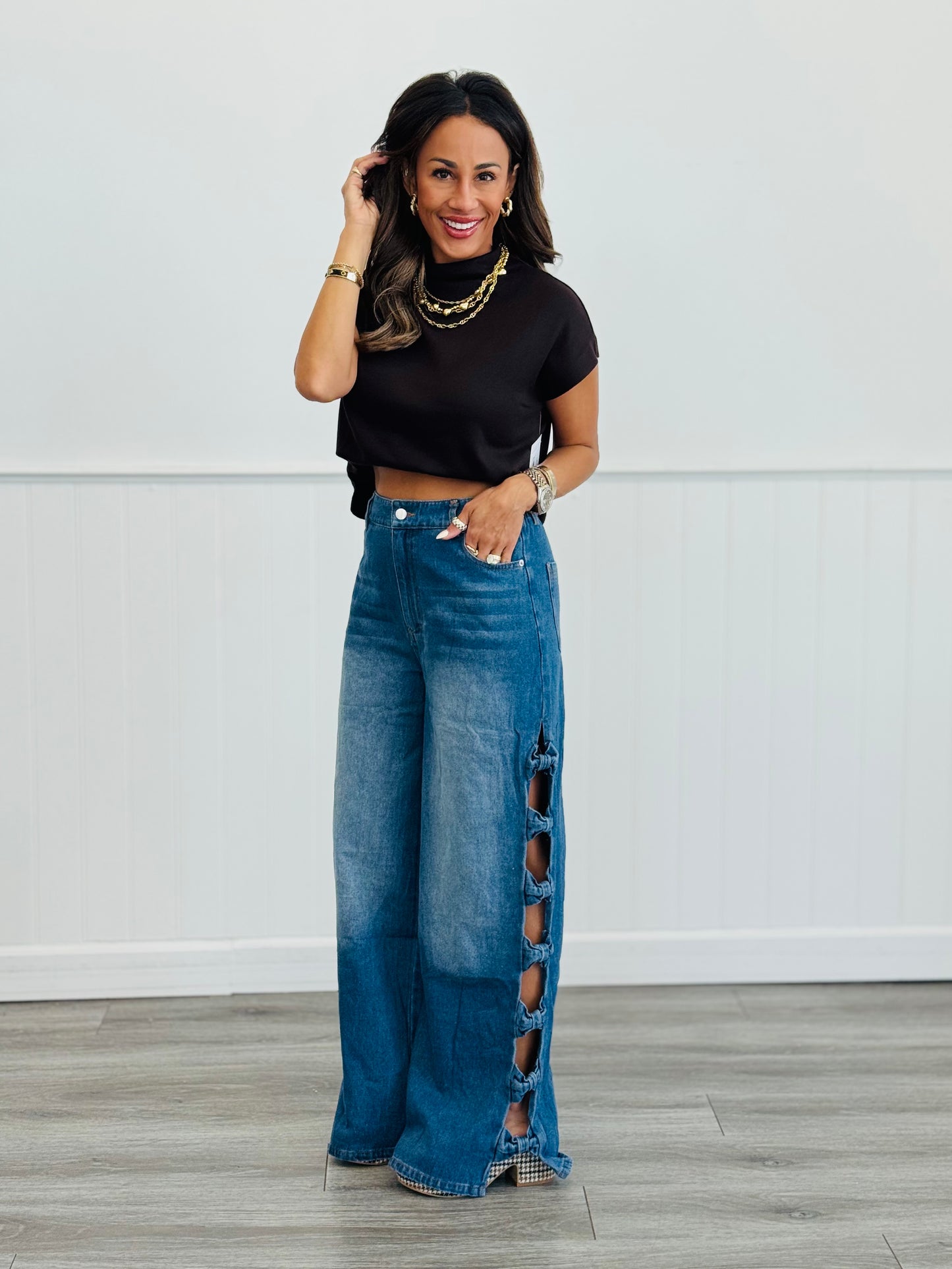 Denim Bow Detailed Side Seam Pants (Reg & Plus)