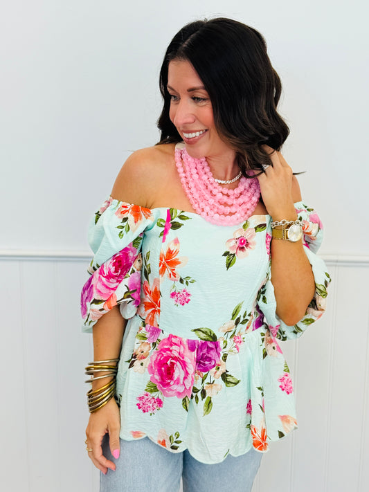 Mint Floral Print Peplum Blouse (Reg & Plus)