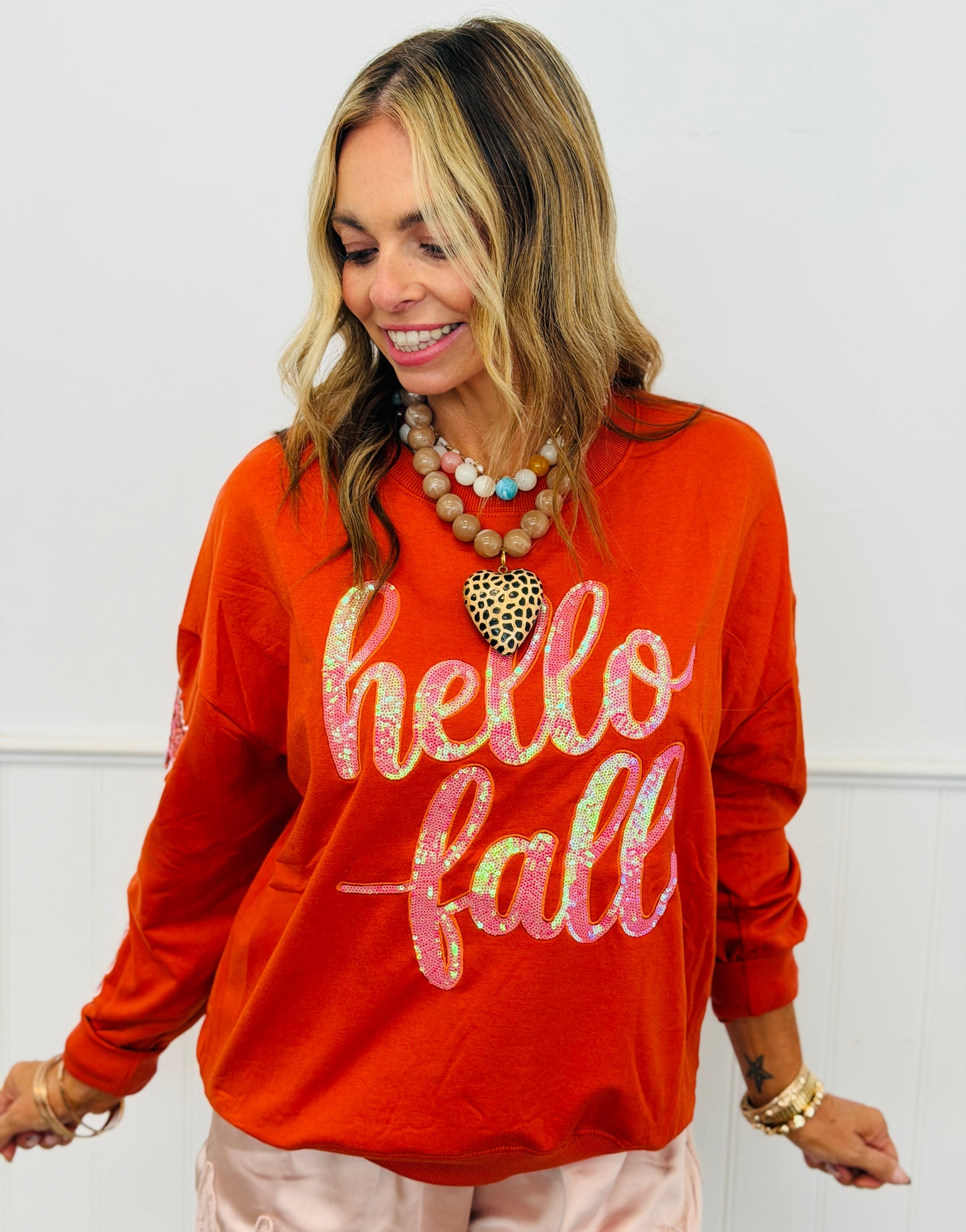 Orange Hello Fall Sequin LS Top (Reg. and Plus)