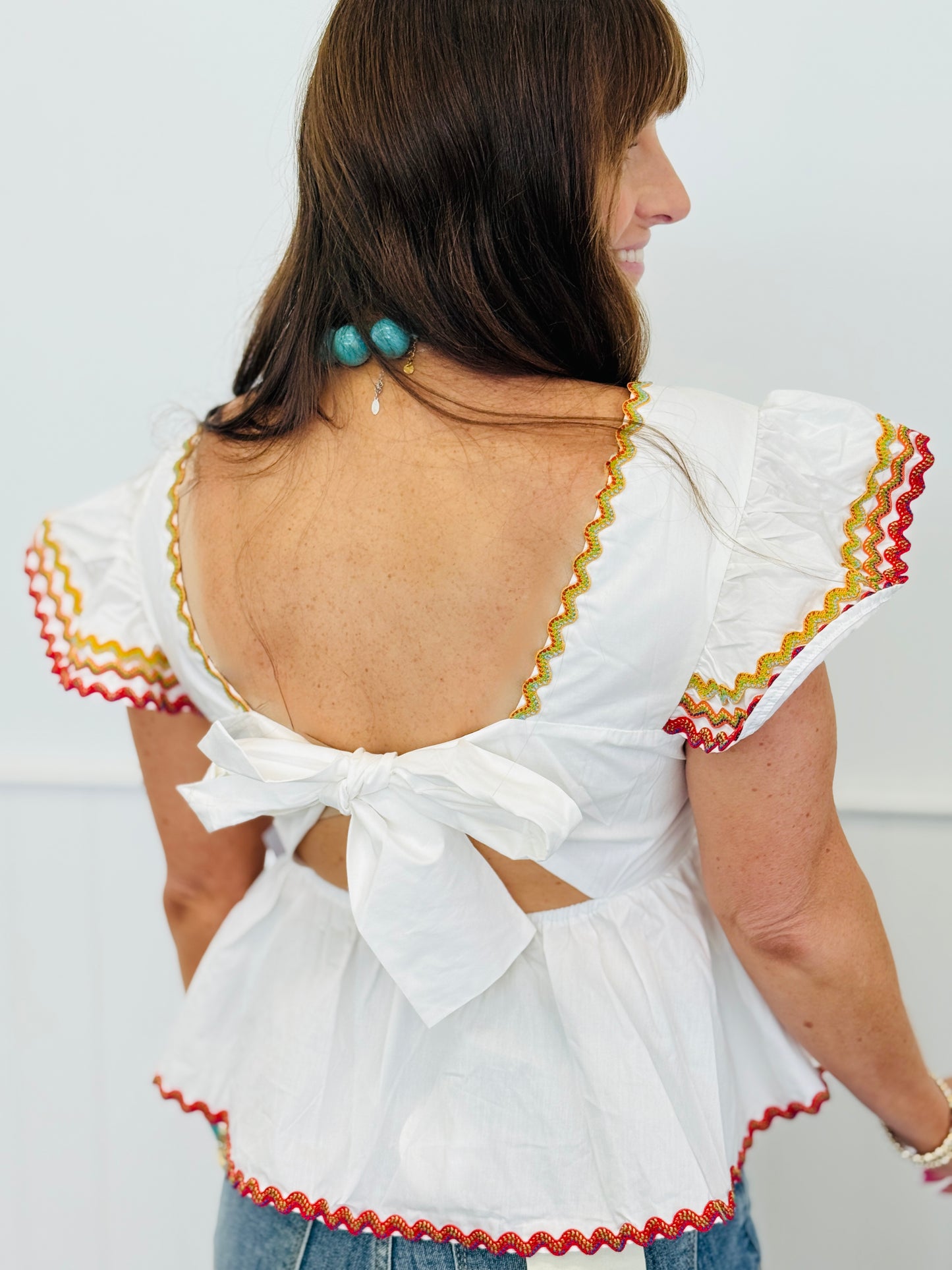 White Open Tie Back Embroidered Trim Blouse (Reg & Plus)