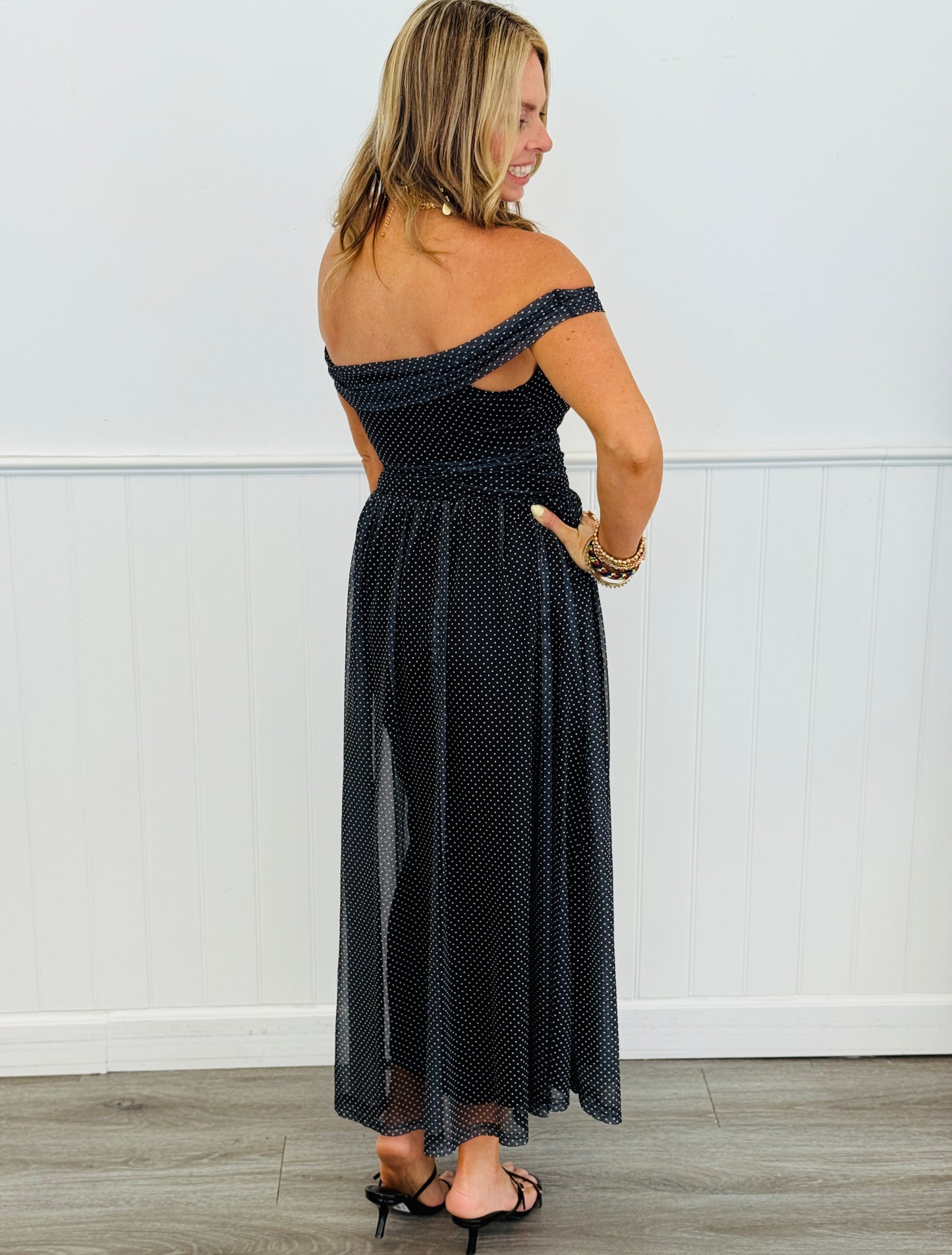 Black/Ivory Polka Dot Strapless Maxi Dress (Reg & Plus)
