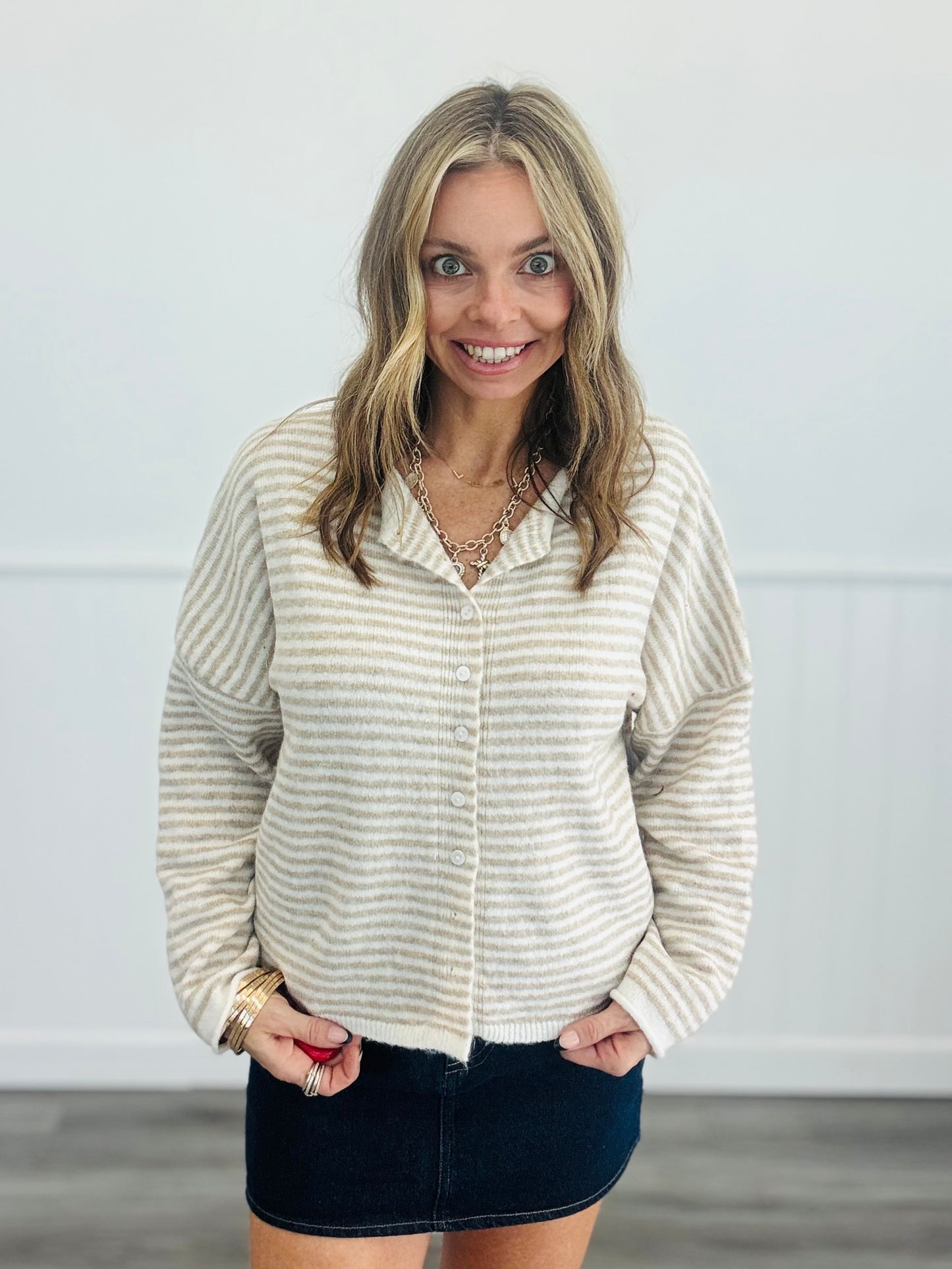 Khaki Stripe Button Down Sweater Top (Reg.)