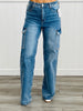 Medium Denim Pearl Studded Wide Leg Cargo Jeans (Reg.)