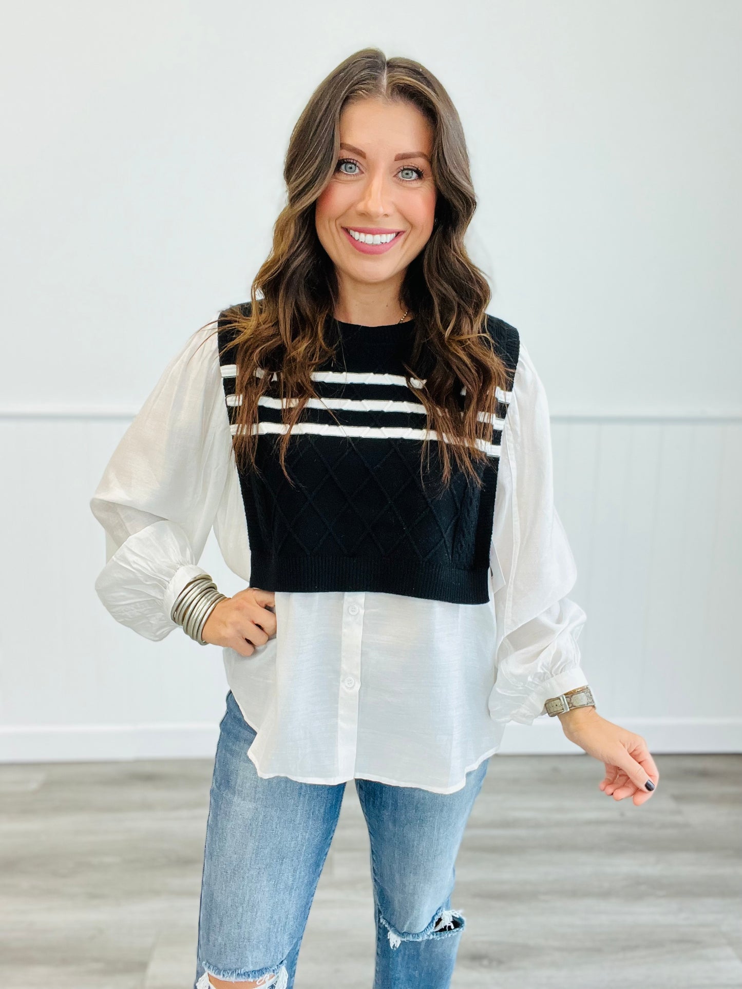 Black Layered Vest Over Blouse (Reg)