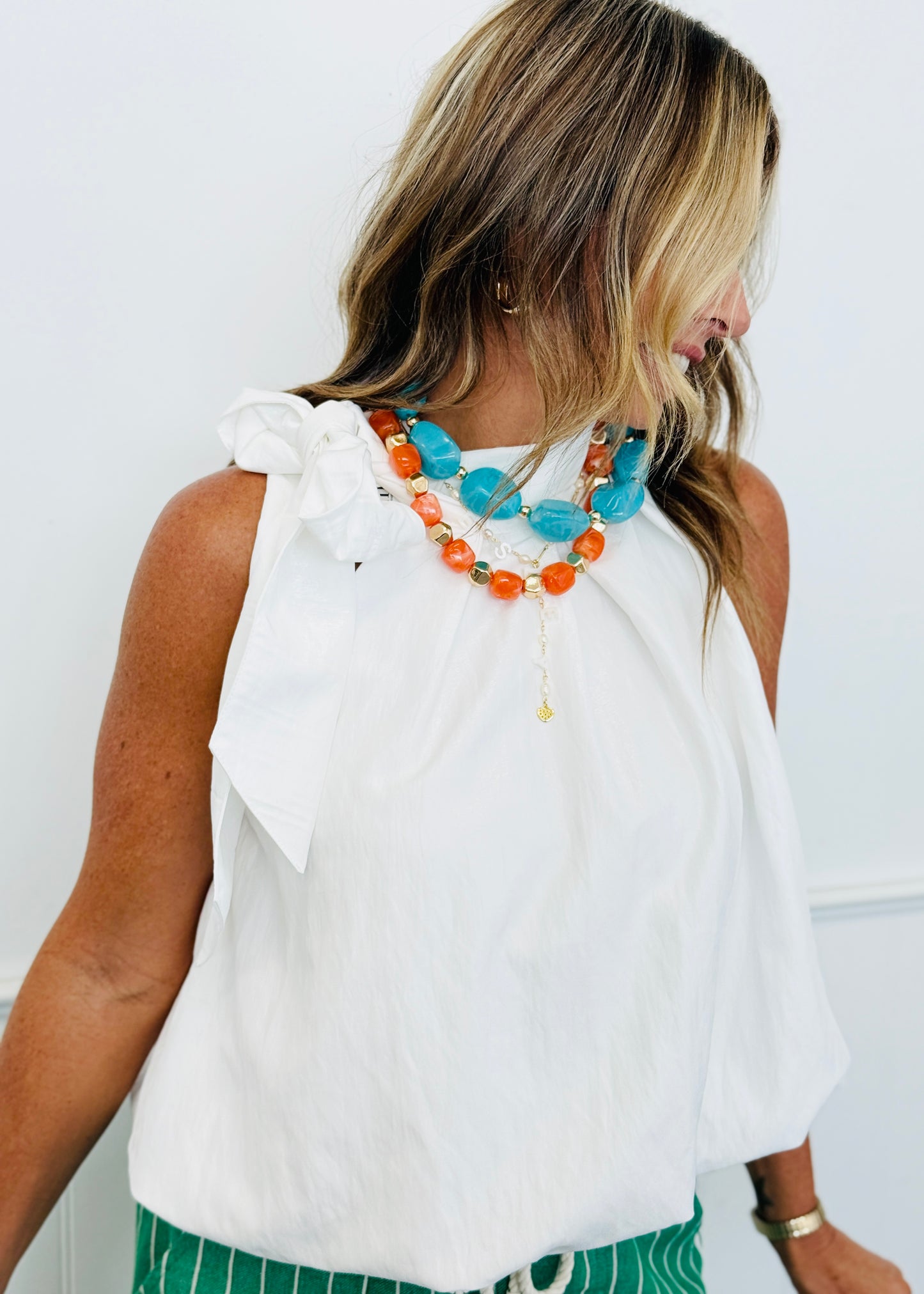 White High Neck Tie Wrap Sleeveless Blouse (Reg.)