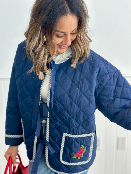 Navy Quilted Embroidered Jacket (Reg & Plus)